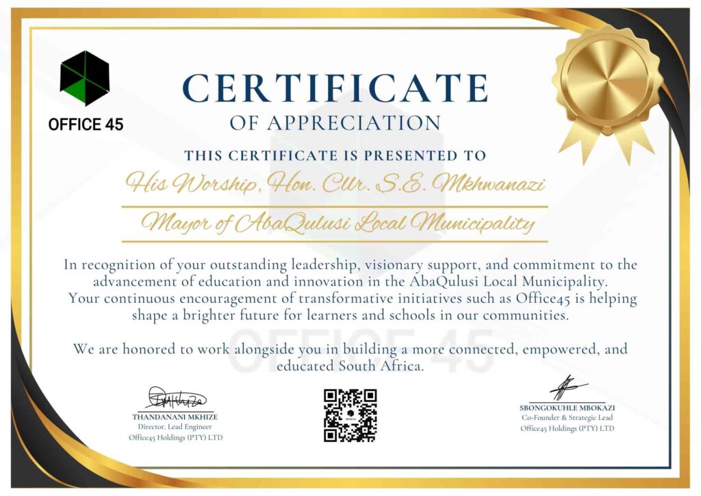 Certificate of Recognition for Mayor SE Mkhwanazi